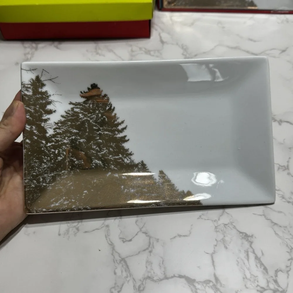 Lot 2 Threshold Porcelain Christmas Tree Rectangular Tray White Gold Pines 8.75